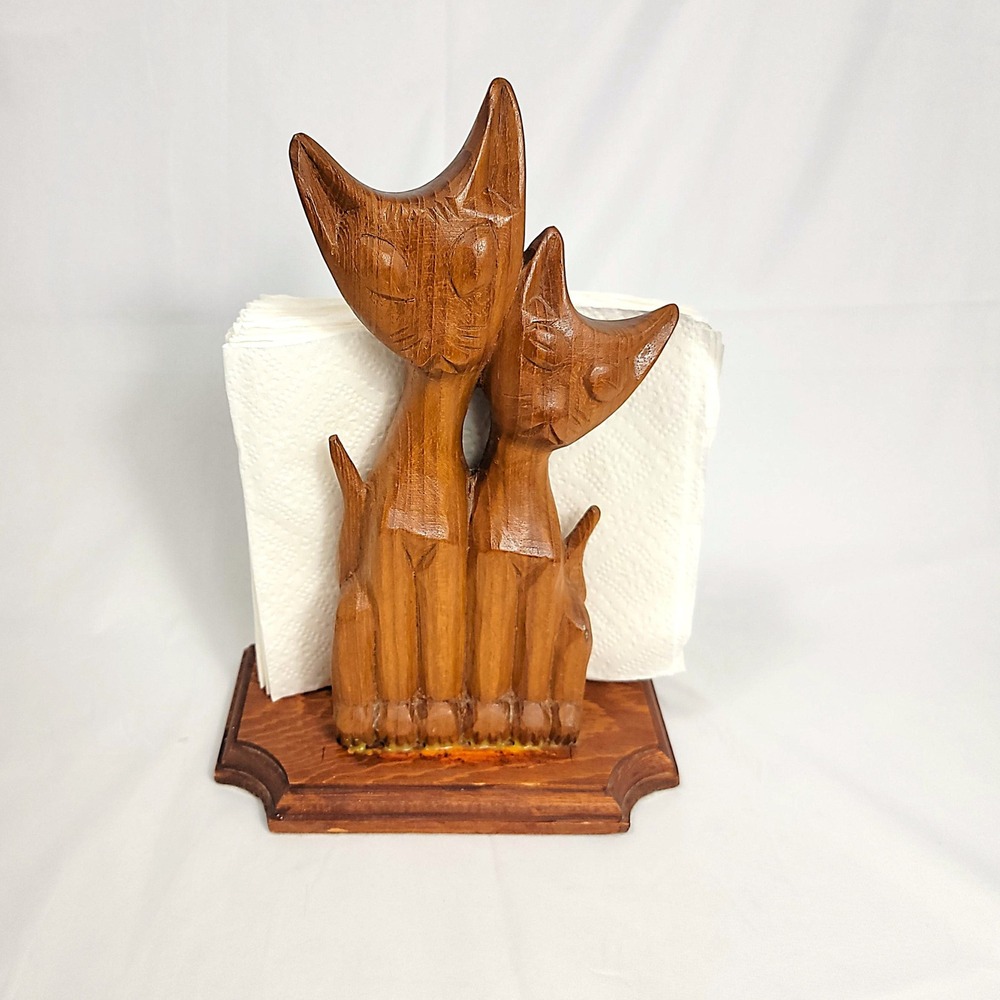 MCM Cats Napkin Holder Teak Wood Handcrafted Thailand Brown